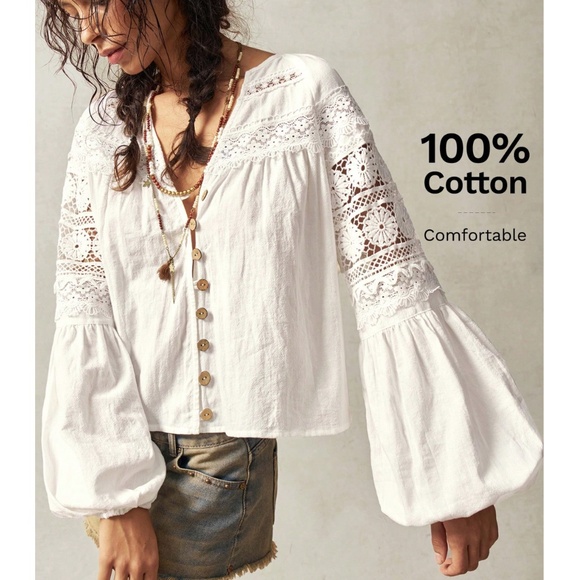 Cotton Bohemian Shirt White Crochet Lace Detailed V-Neck Long Lantern Sleeve - Picture 1 of 12